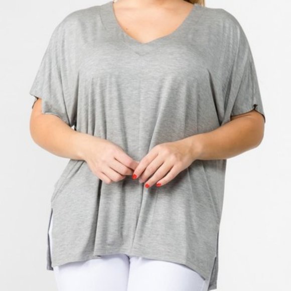 Plus Size T-Shirt V Neck Oversized Fit Side Slits Sizes 1X-3X. Heather Grey - Picture 3 of 5